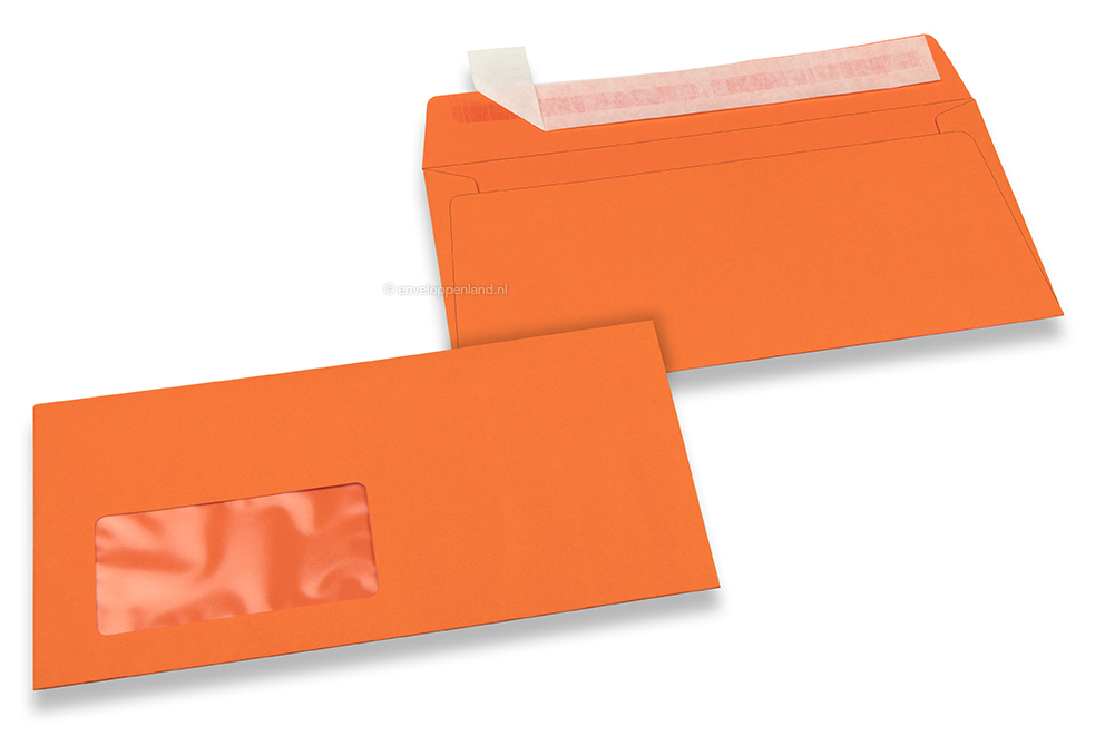 Oranje, vensterenveloppen gekleurd, 110 x 220 mm (DL), venster links, vensterformaat 45 x 90 mm, vensterpositie 20 mm van links / 15 mm van onder, stripsluiting, 120 grams gekleurd papier