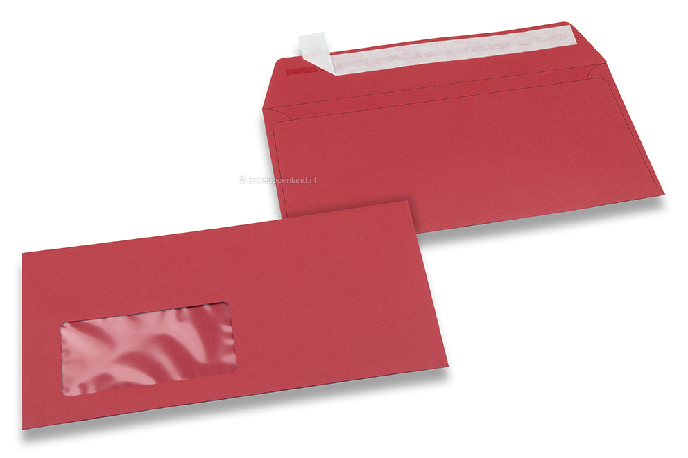 Rood, vensterenveloppen gekleurd, 110 x 220 mm (DL), venster links, vensterformaat 45 x 90 mm, vensterpositie 20 mm van links / 15 mm van onder, stripsluiting, 120 grams gekleurd papier