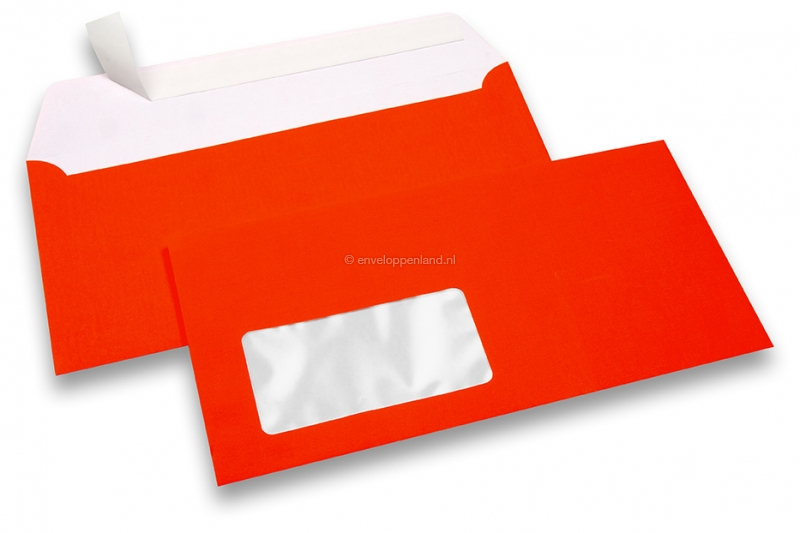 Neon enveloppen - rood, met venster 45 x 90 mm, 20 mm van links, 15 mm van onder