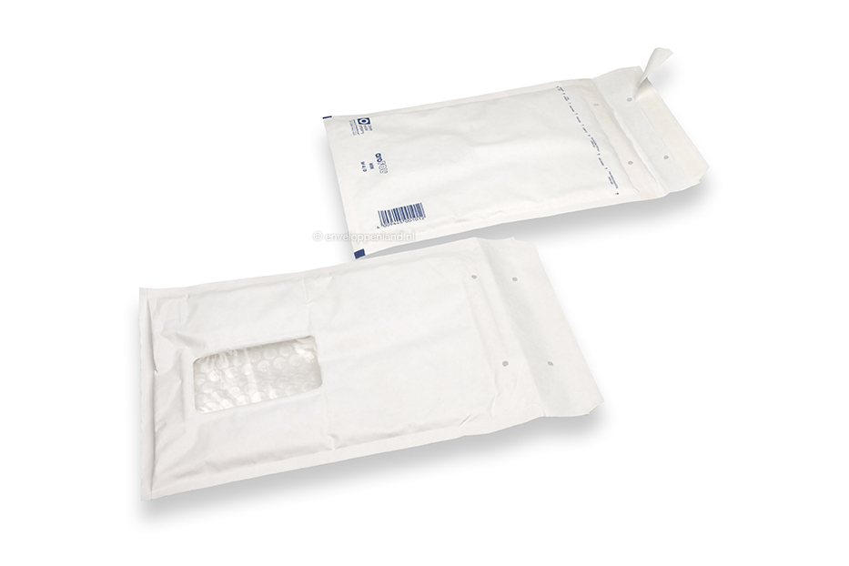 Witte luchtkussen enveloppen met venster - 175 x 265 mm, venster links 55 x 90 mm, 30 mm van links, 70 mm van boven
